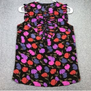 J. Crew Top Women's 4 Brown Red Pink Floral Sleeveless Ruffled 100% Silk